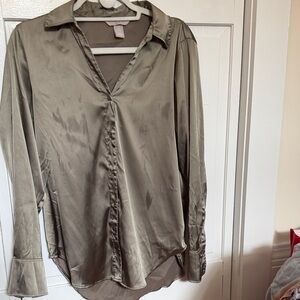 H&M Shimmery Olive Green Button-Front Blouse